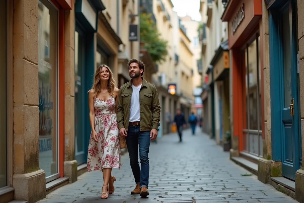 Couple de touristes admirant l'architecture historique du quartier du Marais à Paris