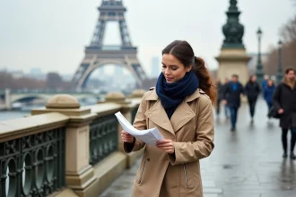 Femme consultant une carte touristique sur le Pont de Bir-Hakeim avec la Tour Eiffel en arrière-plan à Paris