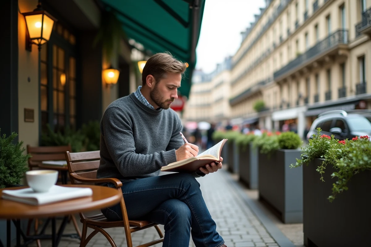 Homme prenant des notes dans un carnet de voyage en terrasse de café dans une rue pavée de Paris