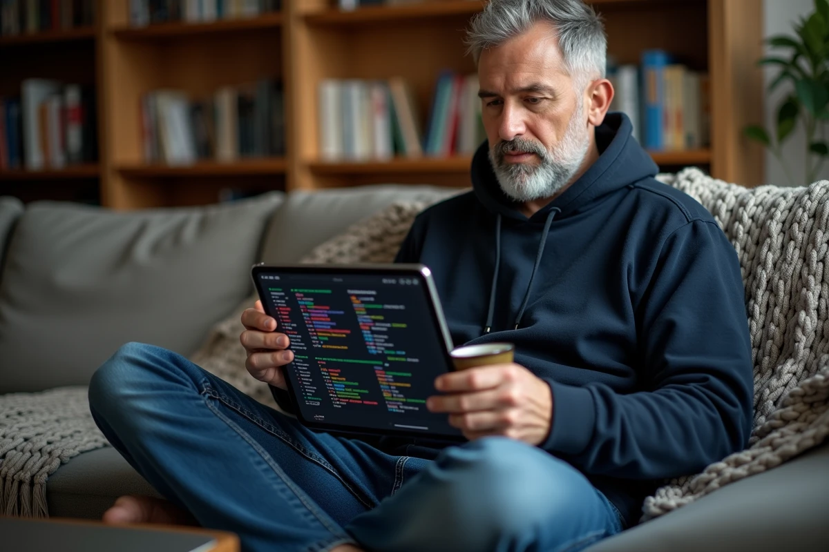 Développeur consultant une visualisation de remplissage de tokens LLM sur une tablette dans un salon moderne
