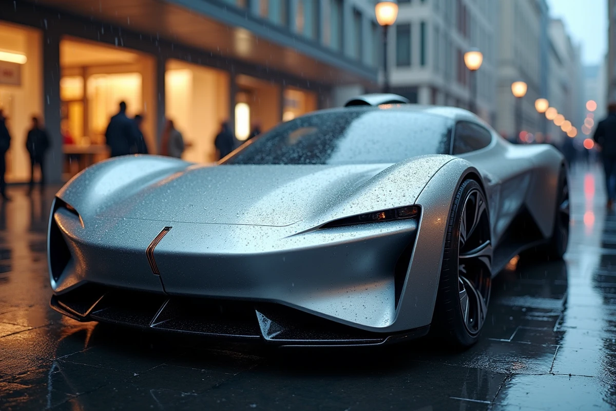 Voiture électrique concept Stellantis garée sur une place urbaine sous la pluie, reflétant l'ambition du groupe dans la mobilité durable