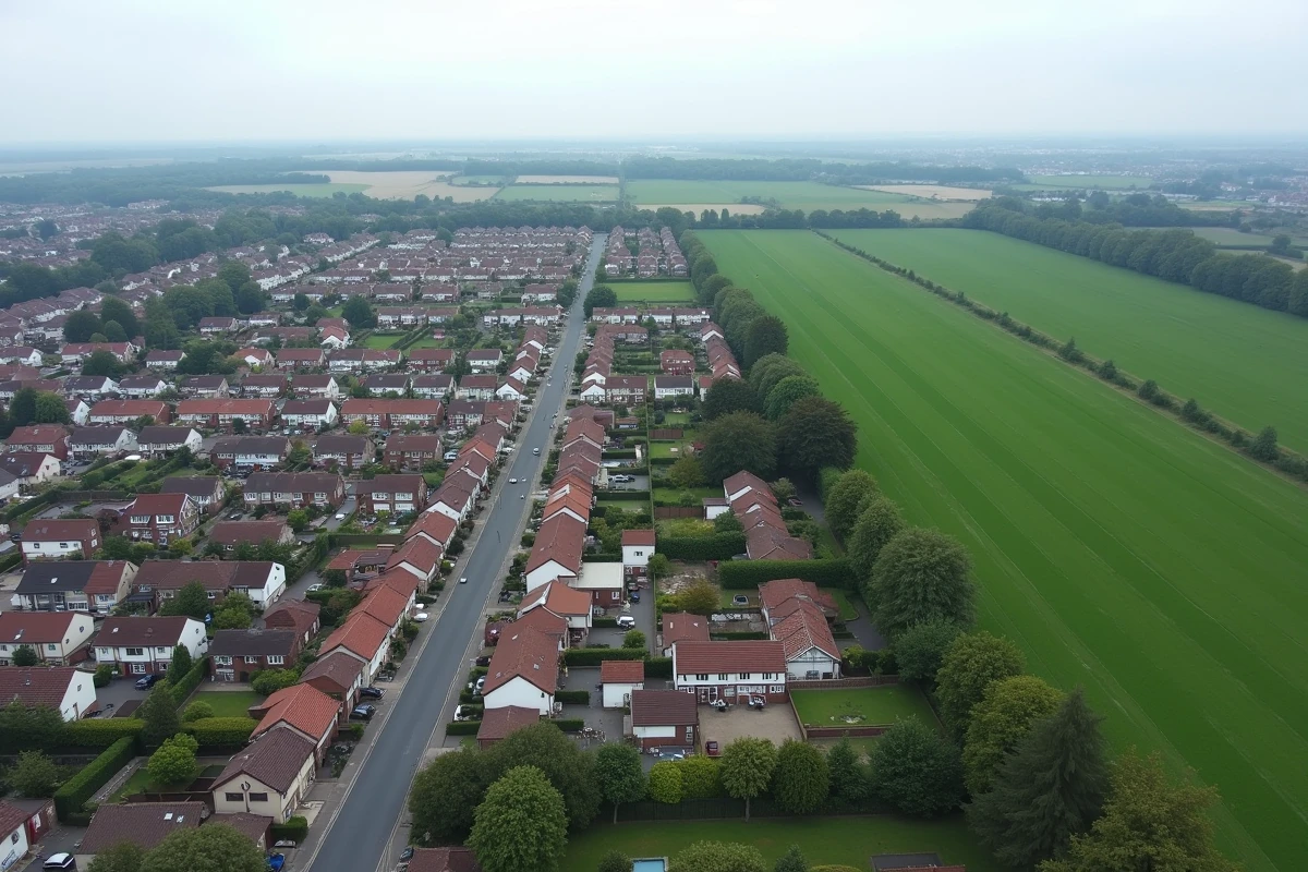 Vue panoramique d'un quartier pavillonnaire en périphérie urbaine jouxtant des champs agricoles illustrant l'expansion de l'étalement urbain